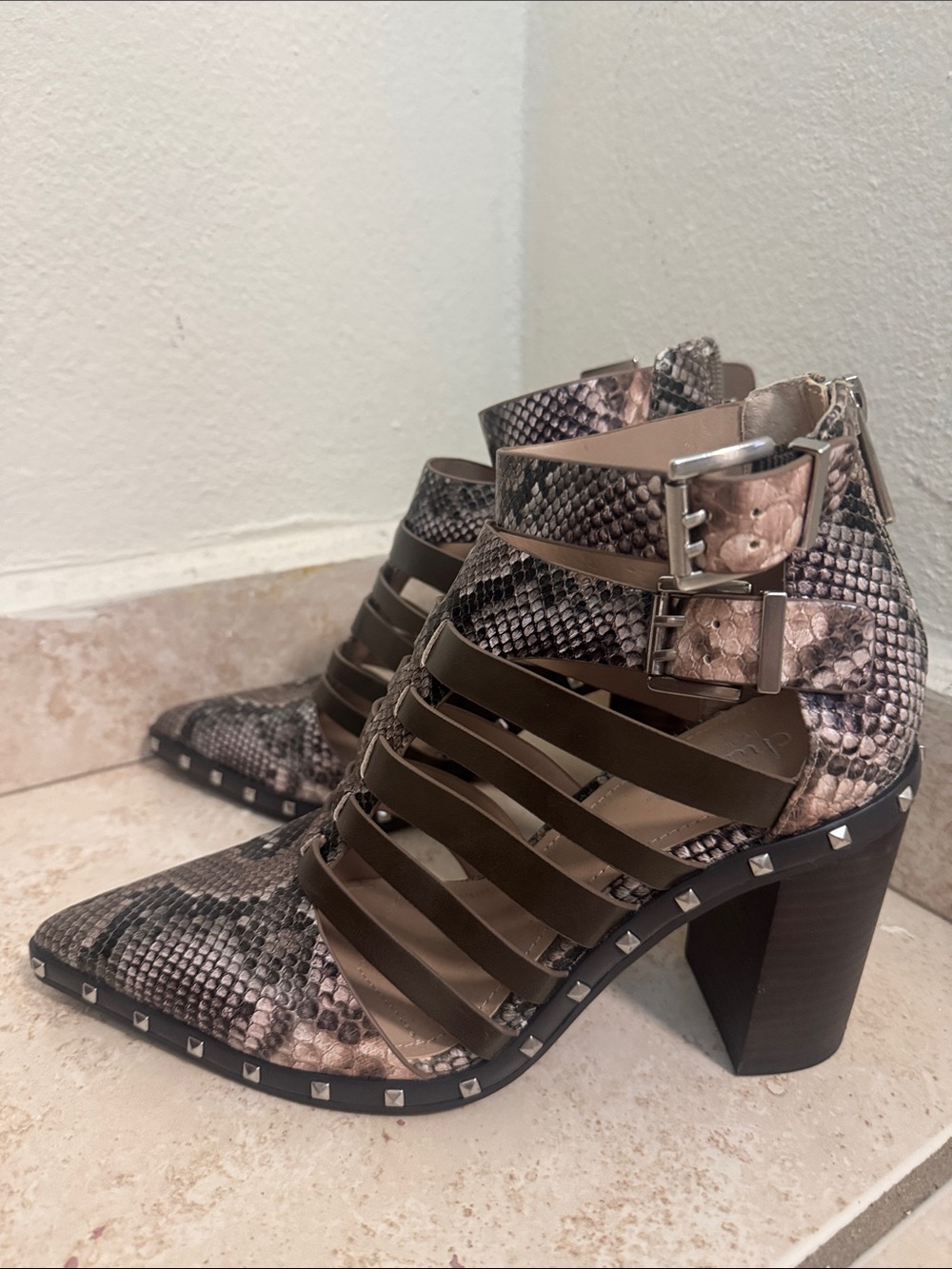 Charles David Snake-Print Strappy Buckle Ankle Boots - Beige/Black